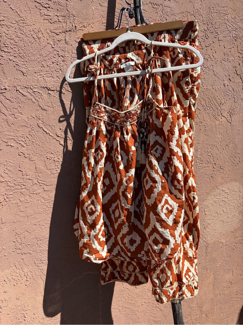Haute Hippie matching brown ikat print set with shell tassels. Top S Pants M